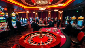 Excited gamblers enjoying a lively casino atmosphere at onicplay with roulette and poker tables.