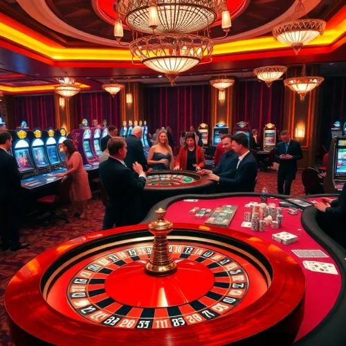 Excited gamblers enjoying a lively casino atmosphere at onicplay with roulette and poker tables.