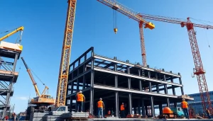 Engaged workers in structural steel construction assembling beams on a busy site.