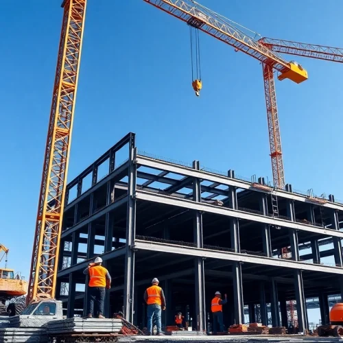 Engaged workers in structural steel construction assembling beams on a busy site.
