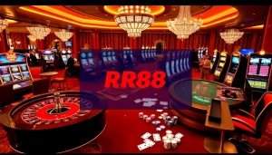 RR88 players enjoy exciting casino games with poker chips and roulette wheels.