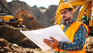 New Jersey General Contractor examining construction blueprints on-site with machinery.