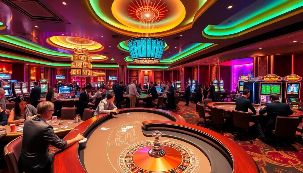 Engaging scene at nhà cái sa88 with players at poker tables and roulette wheels.