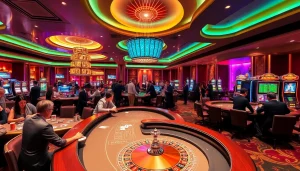 Engaging scene at nhà cái sa88 with players at poker tables and roulette wheels.