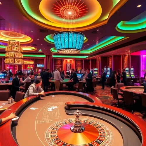 Engaging scene at nhà cái sa88 with players at poker tables and roulette wheels.