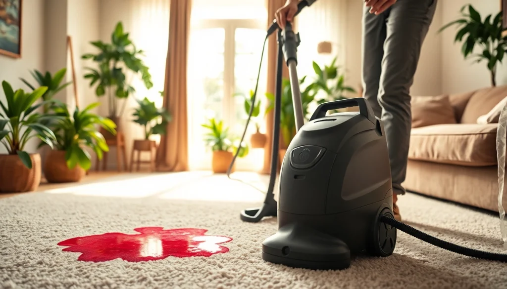 Professional carpet cleaning near me with a technician removing stains in a bright living room.