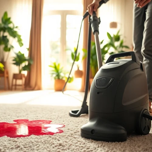 Professional carpet cleaning near me with a technician removing stains in a bright living room.