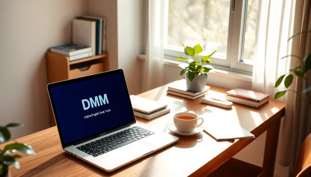 居心地の良い書斎環境でノートパソコンに表示された DMM英会話 クーポンコード