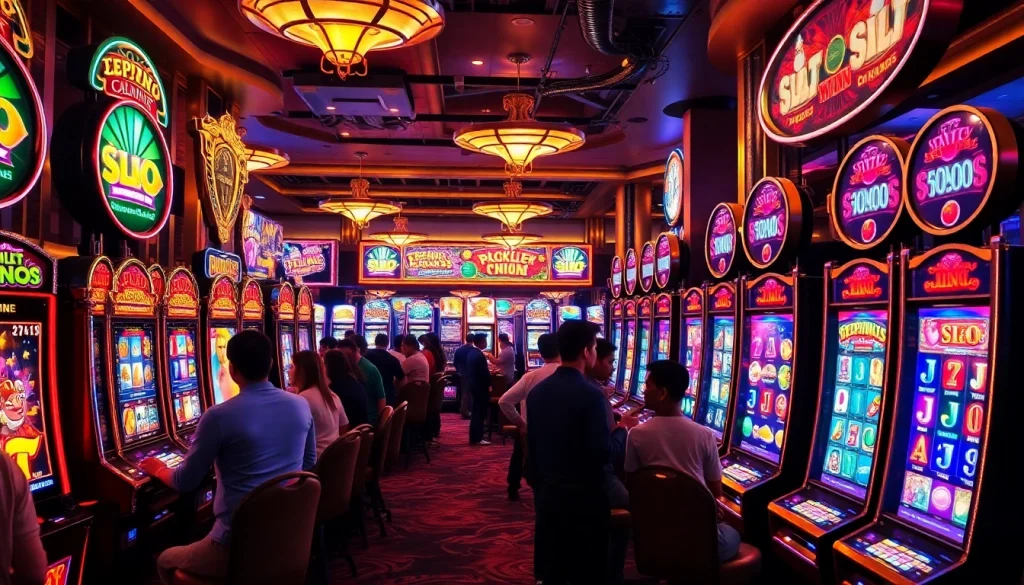 Experience the thrill of slot gacor hari ini with a vibrant casino scene showcasing successful players and slot machines.