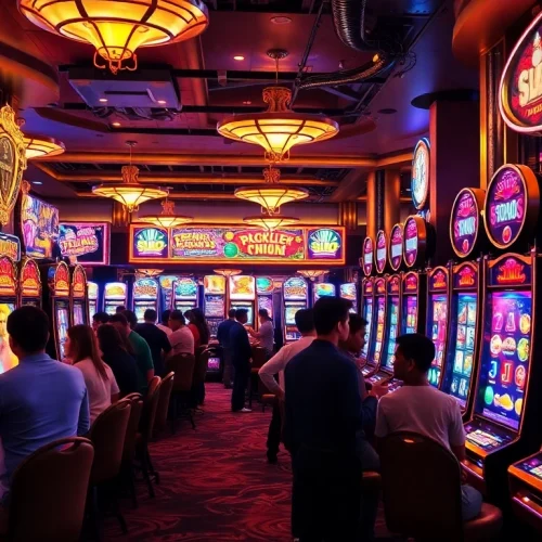 Experience the thrill of slot gacor hari ini with a vibrant casino scene showcasing successful players and slot machines.