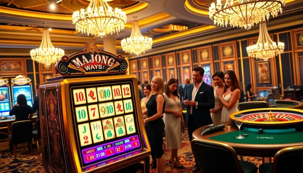 Players enjoying the mahjong ways 2 slot machine in a glamorous casino setting.