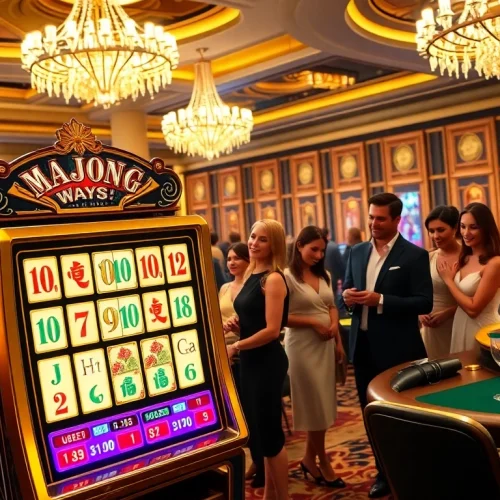 Players enjoying the mahjong ways 2 slot machine in a glamorous casino setting.