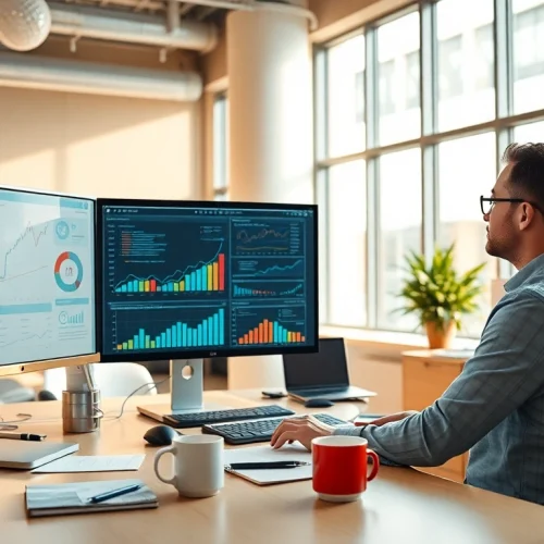 SEO Agentur präsentiert moderne digitale Marketingstrategien in einem Büro mit Grafiken.
