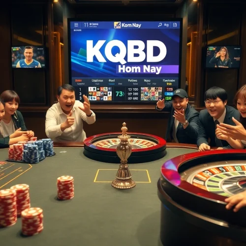 KQBD hôm nay showcased on a vibrant casino backdrop with poker chips and live betting displays.
