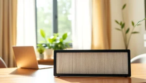 HEPA filter prominently featured on a desk in a sunlit home office environment, promoting cleaner air.