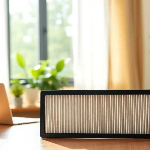HEPA filter prominently featured on a desk in a sunlit home office environment, promoting cleaner air.