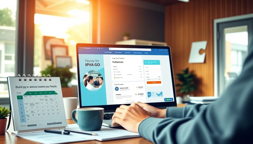 Person using the Detran GO website for IPVA GO payment in a modern office.