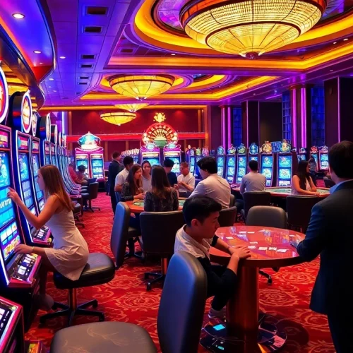 Pemain menikmati sensasi slot deposit 1000 di lingkungan kasino mewah.