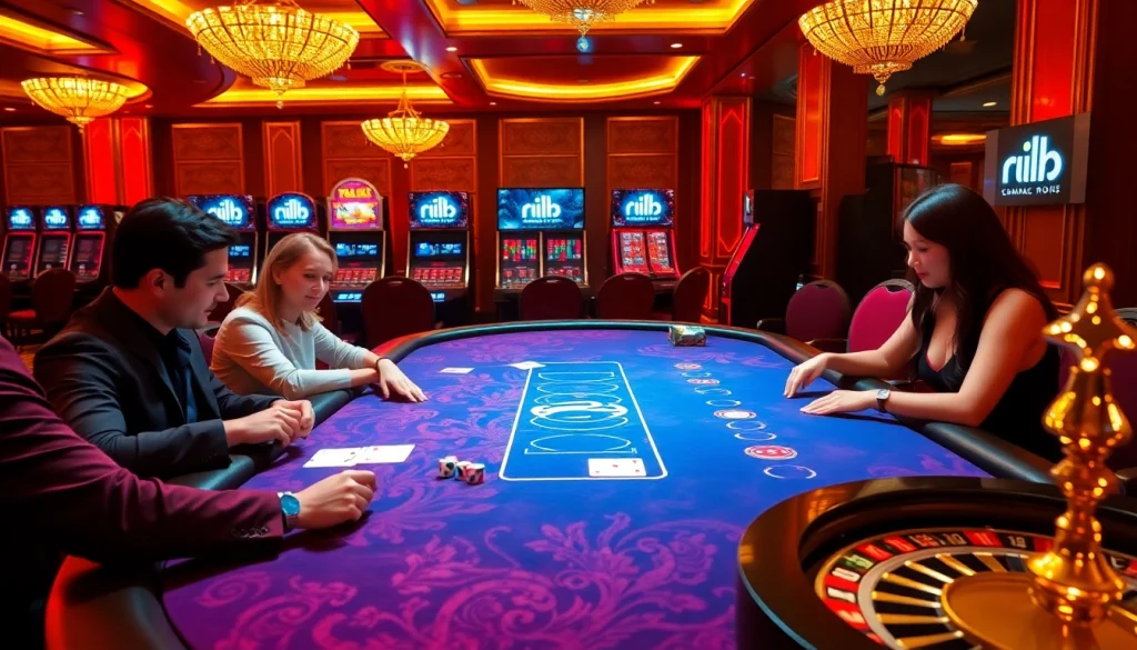 Players enjoying a thrilling game at a luxurious casino table themed around rik vip with vibrant poker chips and cards.