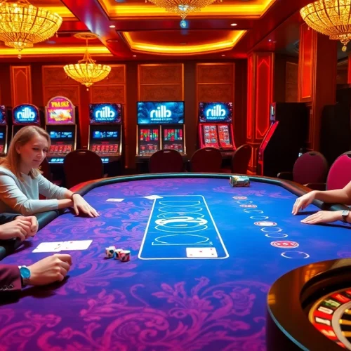 Players enjoying a thrilling game at a luxurious casino table themed around rik vip with vibrant poker chips and cards.