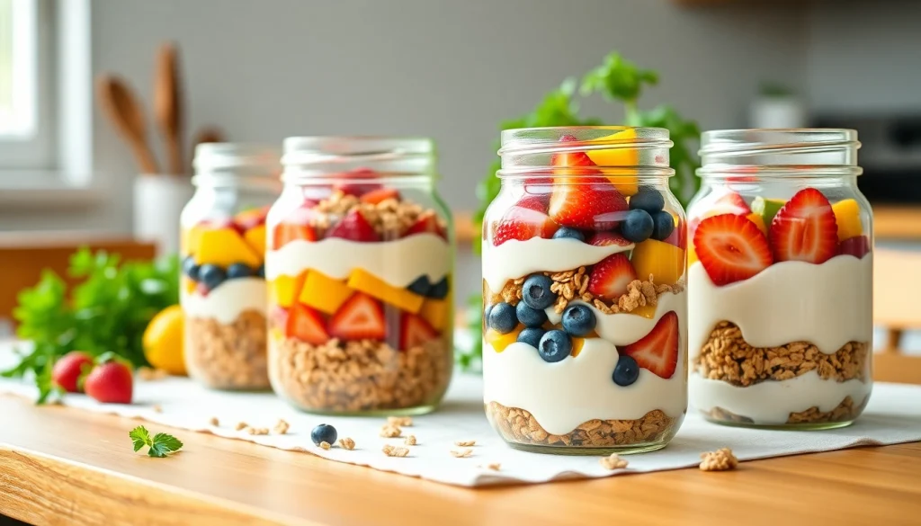 Layered mason jar breakfast showcasing fresh fruits and granola for https://masonjarbreakfast.com.