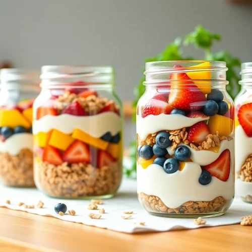 Layered mason jar breakfast showcasing fresh fruits and granola for https://masonjarbreakfast.com.