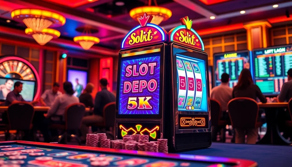 Pemain menikmati pengalaman kasino yang hidup di mesin Slot Depo 5K di tengah suasana permainan yang ramai.