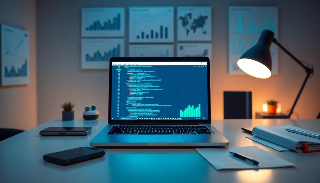 Web scrapping displayed on a modern laptop in a dynamic workspace.