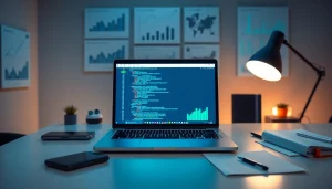 Web scrapping displayed on a modern laptop in a dynamic workspace.