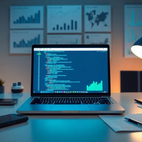 Web scrapping displayed on a modern laptop in a dynamic workspace.