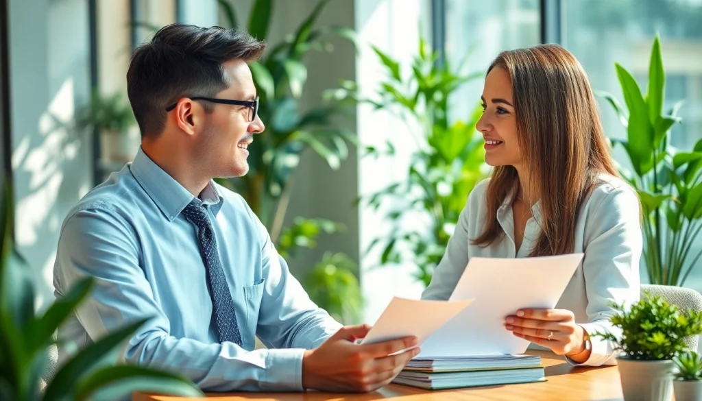 Dynamic environmental lawyer providing guidance in a modern office, emphasizing client interaction.