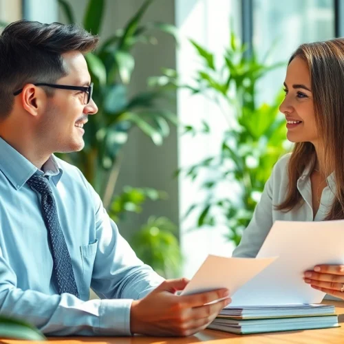 Dynamic environmental lawyer providing guidance in a modern office, emphasizing client interaction.