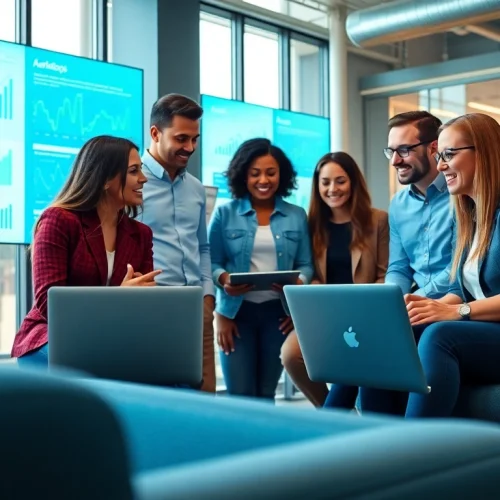 Marketing Agency professionals collaborating in a vibrant office environment.