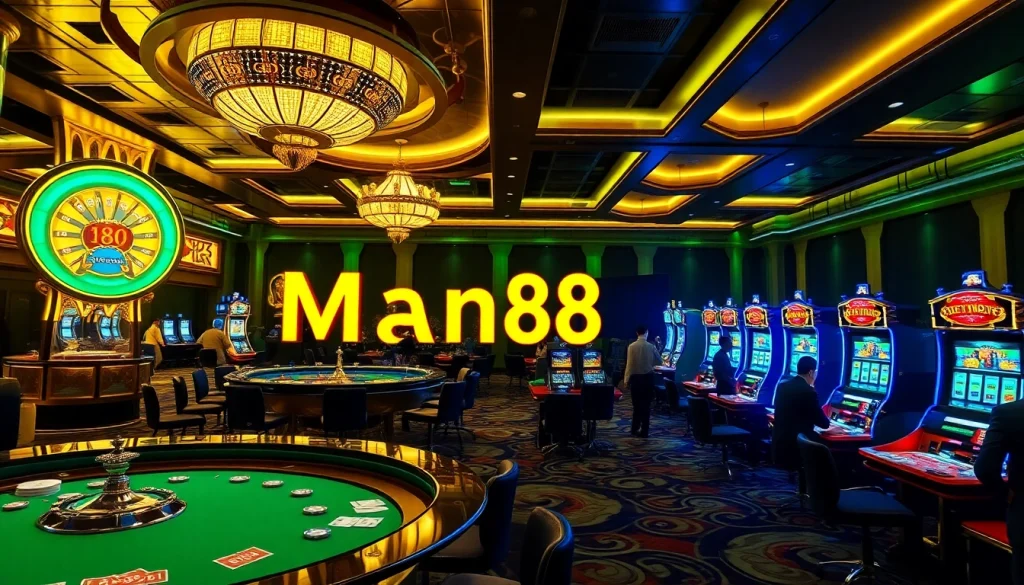 Experience luxury and excitement with Man88 on a bustling casino floor featuring tables and slot machines.