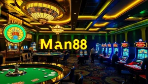 Experience luxury and excitement with Man88 on a bustling casino floor featuring tables and slot machines.