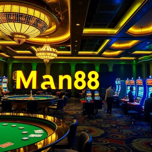 Experience luxury and excitement with Man88 on a bustling casino floor featuring tables and slot machines.