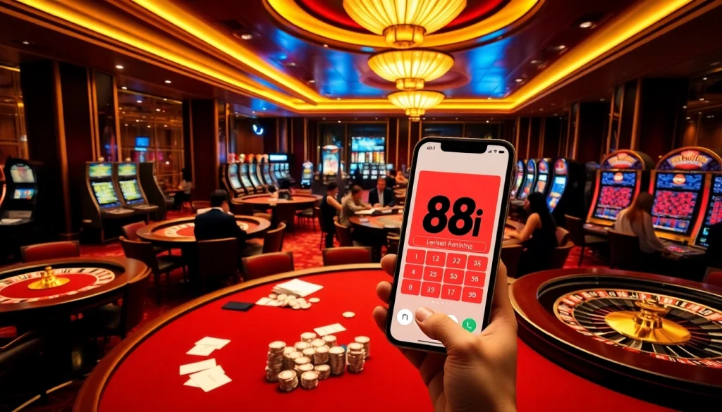 A lively casino scene featuring 88i logo, vibrant tables, and excited players enjoying gambling.