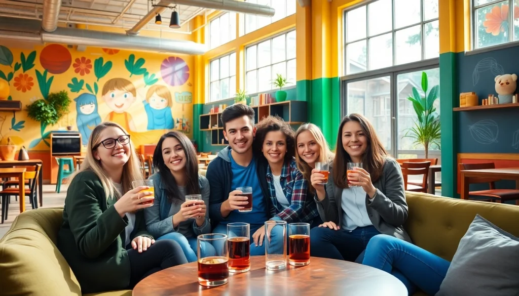 Guests enjoying the Lowest rate guaranteed for hostels in a vibrant and welcoming lobby.