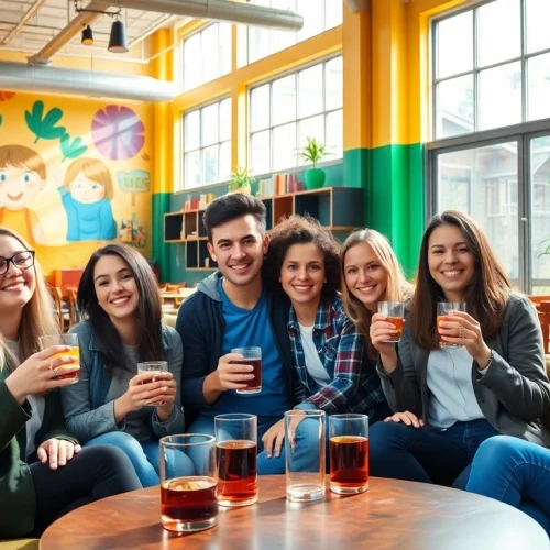 Guests enjoying the Lowest rate guaranteed for hostels in a vibrant and welcoming lobby.