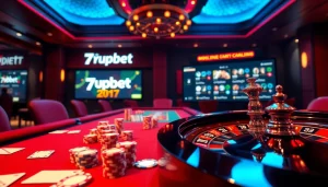 Exciting gambling action at 7upbet's casino table, featuring poker chips and cards.