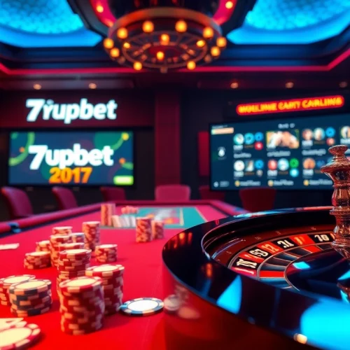 Exciting gambling action at 7upbet's casino table, featuring poker chips and cards.