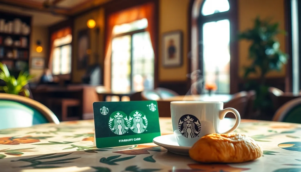 스타벅스 기프티콘이 커피숍 테이블 위에 세팅된 따뜻한 장면