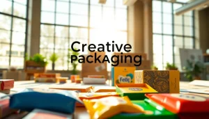 Showcasing a creative packaging company in a vibrant design studio featuring unique packaging prototypes.