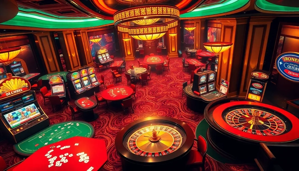 Experience the thrill of gambling at Nhà cái QQ88, showcasing vibrant casino activities with tables and machines.