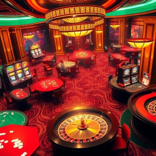 Experience the thrill of gambling at Nhà cái QQ88, showcasing vibrant casino activities with tables and machines.