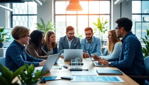 Managed IT provider team collaborating effectively in a modern office, showcasing teamwork and technology.