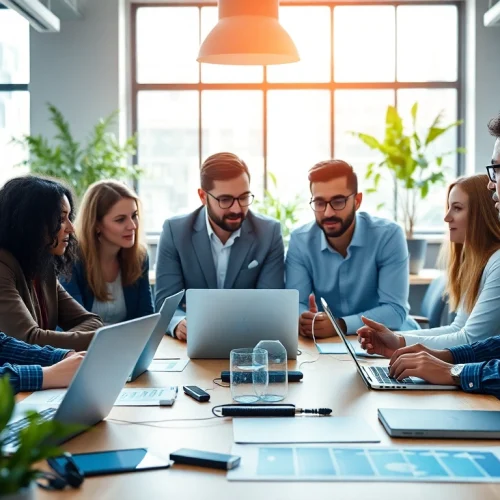 Managed IT provider team collaborating effectively in a modern office, showcasing teamwork and technology.