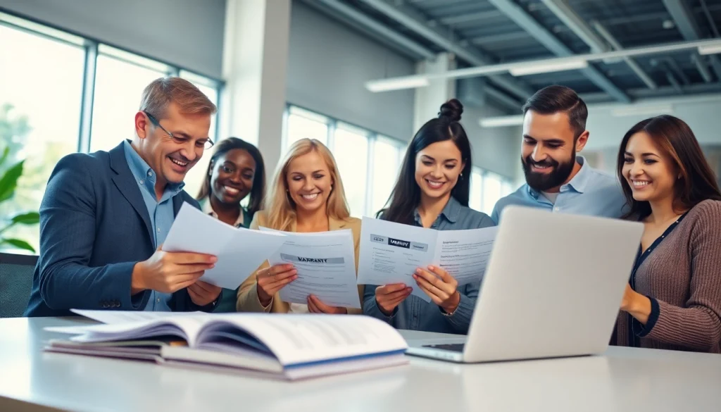 Engaging scene illustrating monthly car warranty plans in action with satisfied customers reviewing documents.