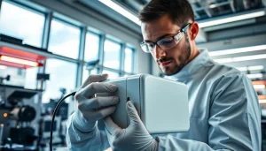Technician calibrating das 140 in a bright laboratory setting with advanced equipment.