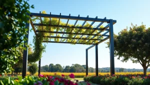 Transform your outdoor space with a modern steel pergola, featuring sleek design and vibrant greenery.
